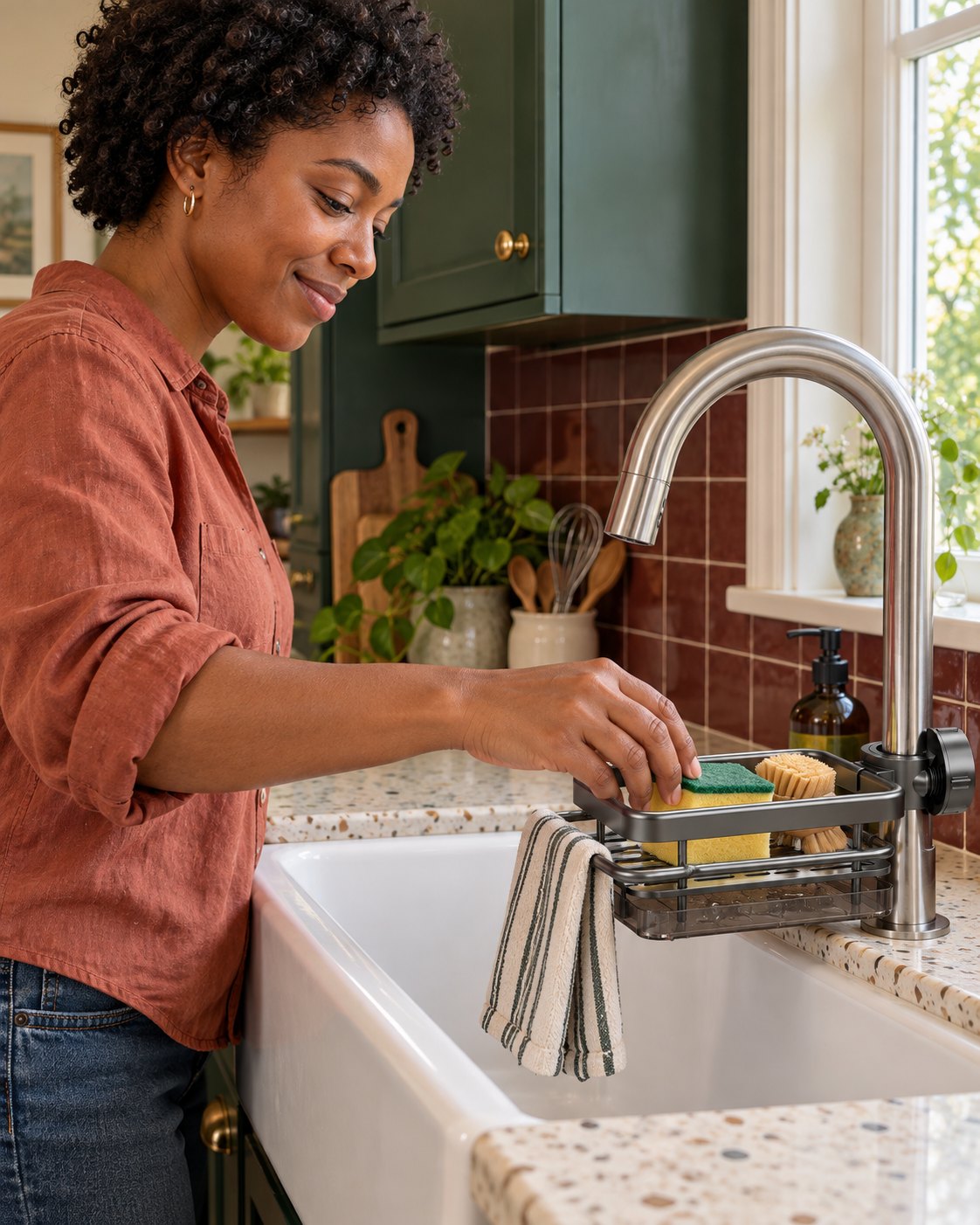Woman placing a sponge into SinkBuddy mounted on the faucet of a farmhouse sink