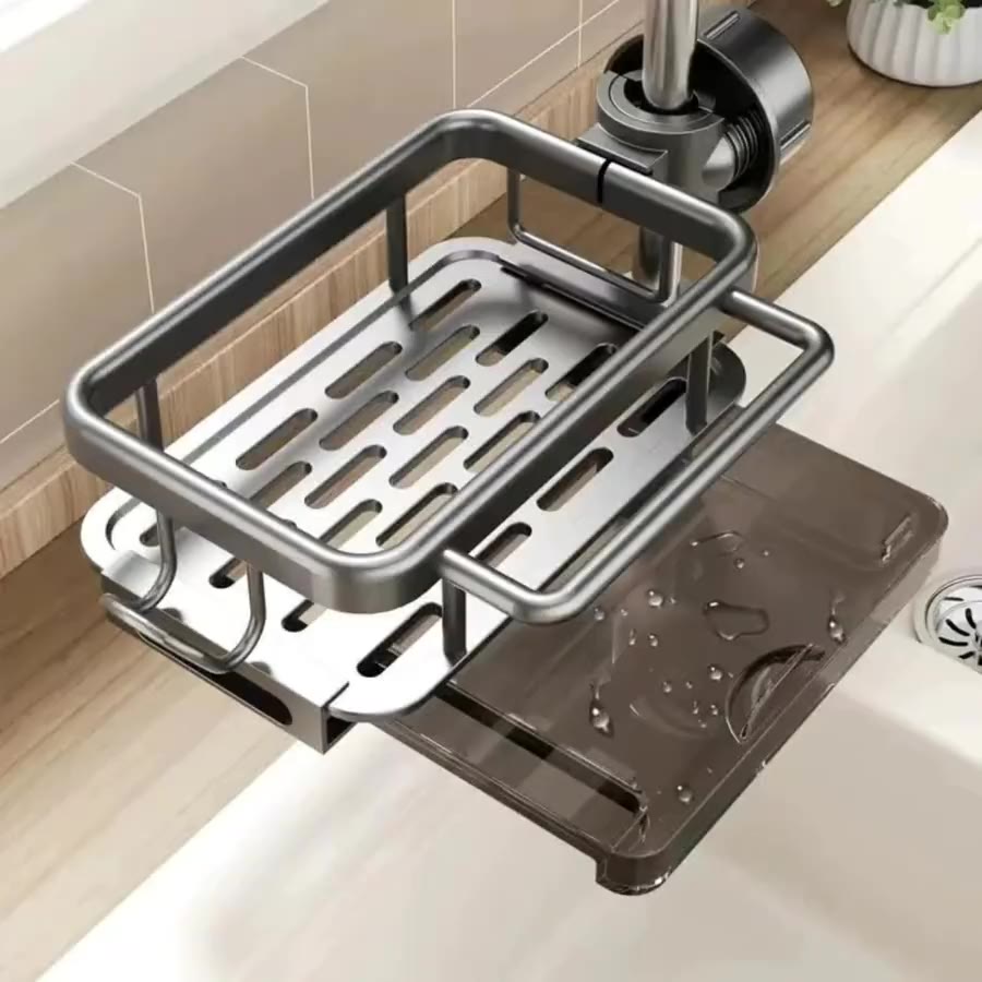SinkBuddy mounted on a faucet with an empty basket and drip tray