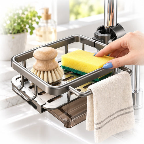 SinkBuddy mounted on a kitchen faucet holding a yellow sponge and a dish brush, with a cloth on the front rail