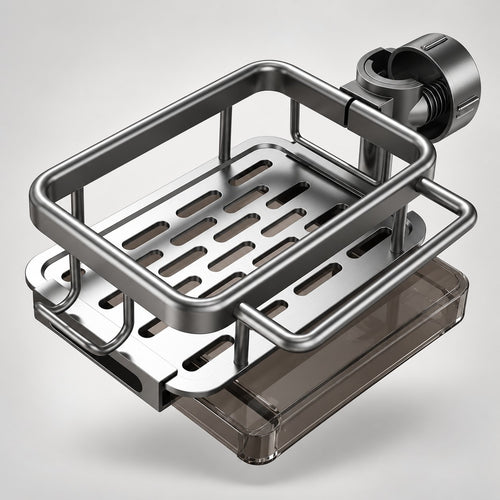 SinkBuddy gunmetal aluminum basket with faucet clamp and smoked drip tray
