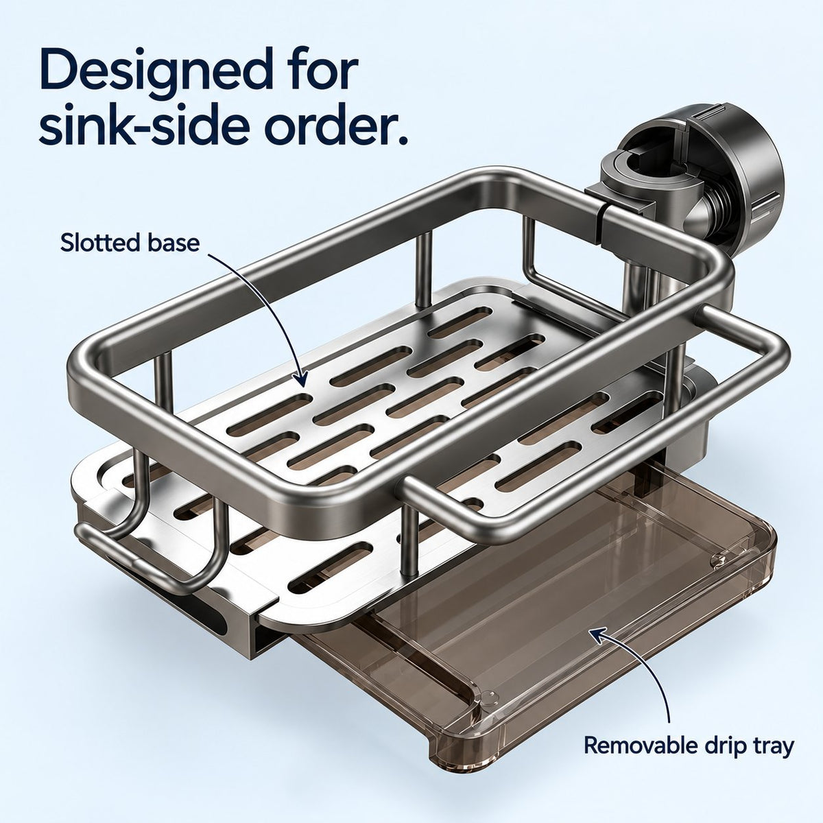 SinkBuddy detail showing the slotted base and removable drip tray