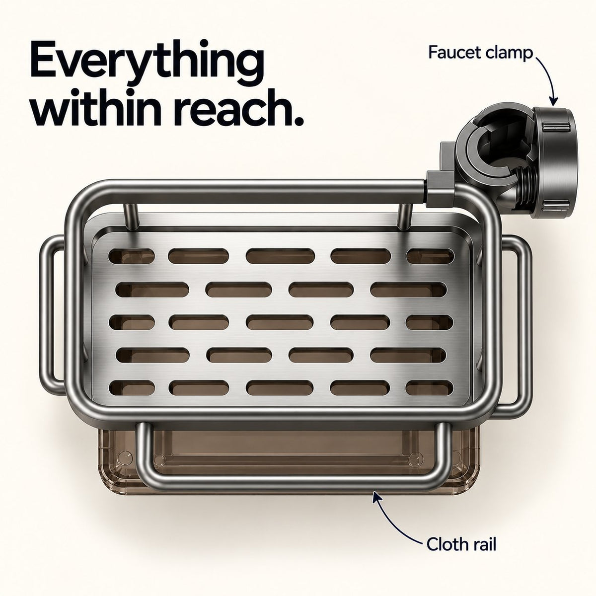 Top view of SinkBuddy showing the slotted basket floor and cloth rail