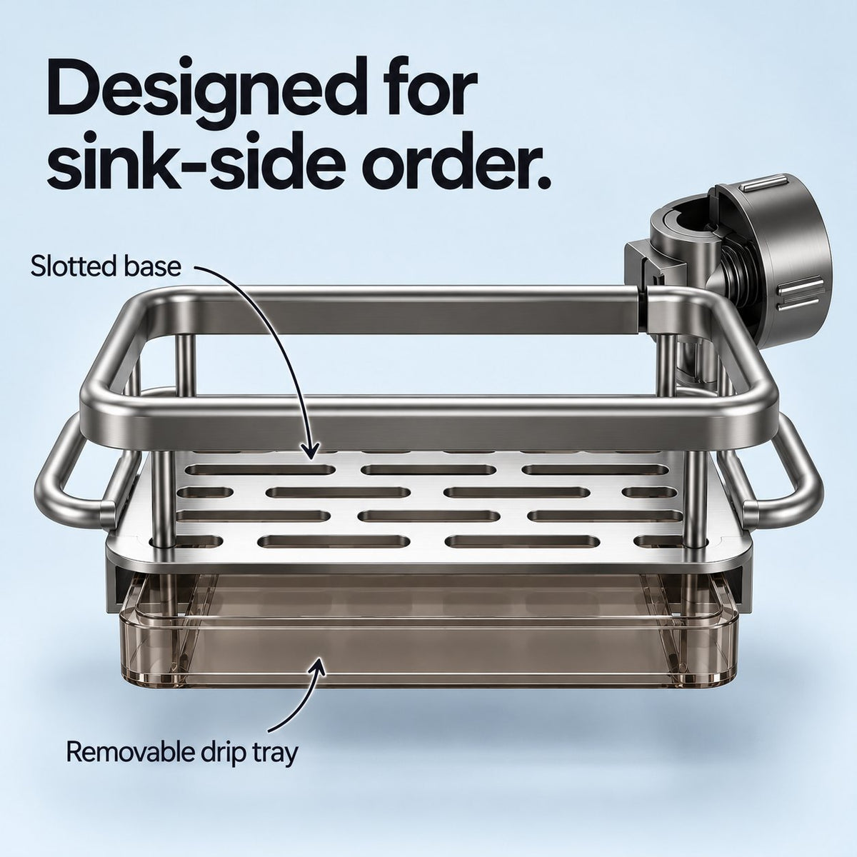 Front view of SinkBuddy with slotted base and drip tray