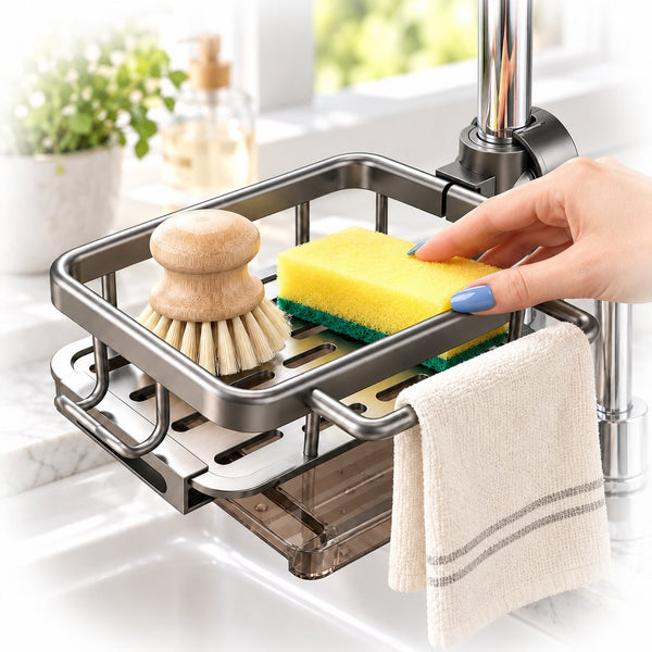 Hand placing a sponge next to a dish brush in SinkBuddy
